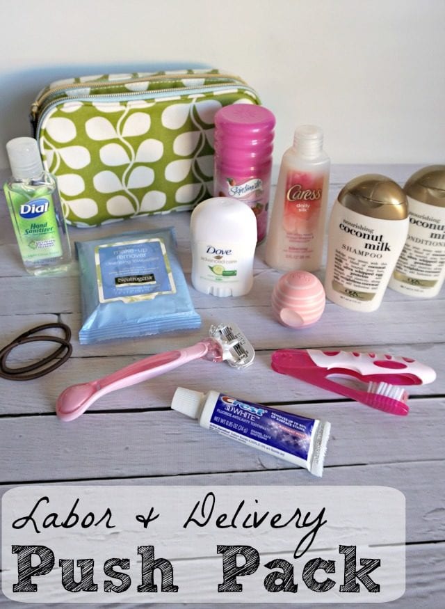 DIY Push Pack- perfect gift for an expecting mom! Cute toiletry bag + travel-sized essentials for a more comfortable hospital stay.