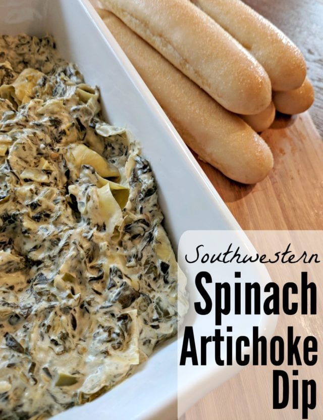 This Southwestern Spinach Artichoke Dip kicks it up a spicy notch with the addition of jalapenos and pepper jack! #recipe #GrabSomeCheer [ad]